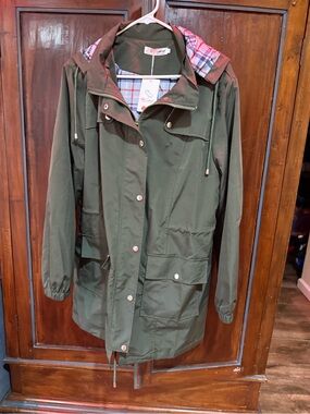 Olive Hooded Trench Coat with Plaid Lining. New with tags